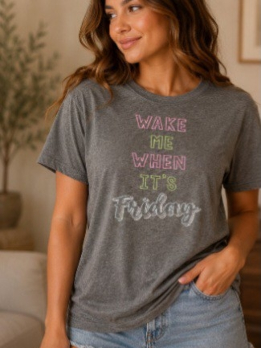 Secret Treasures Gray Short Sleeve Tee with Multicolor Text